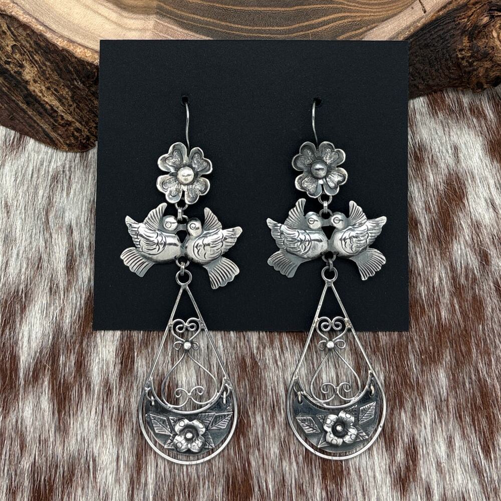 FEDERICO JIMENEZ Sterling Silver Chandelier Teardrop Earrings Love Birds Flowers